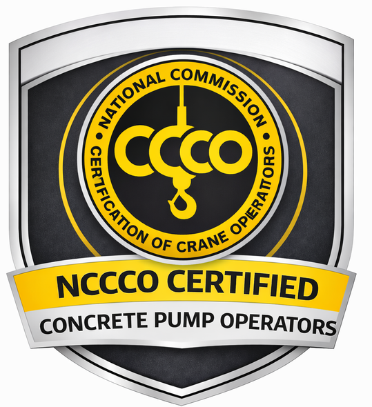 NCCCO certification badge with gold text on a black shield, indicating certification for concrete pump operators.