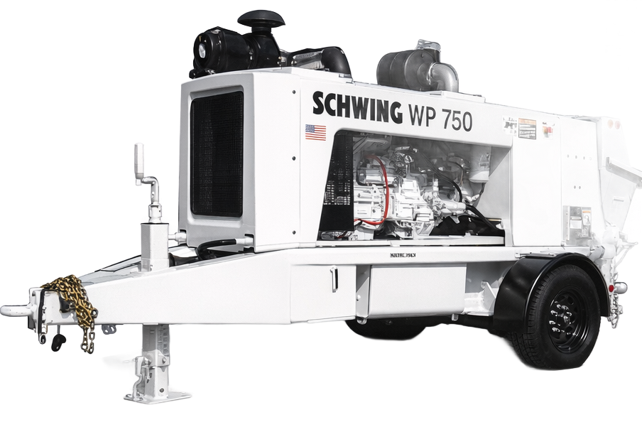 A white Schwing SP 750-1B trailer-mounted concrete pump with green accents on a grey background.