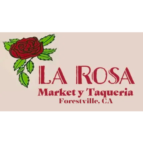 Logo for La Rosa Market y Taqueria in Forestville, CA, featuring a red rose graphic and text in red and brown.