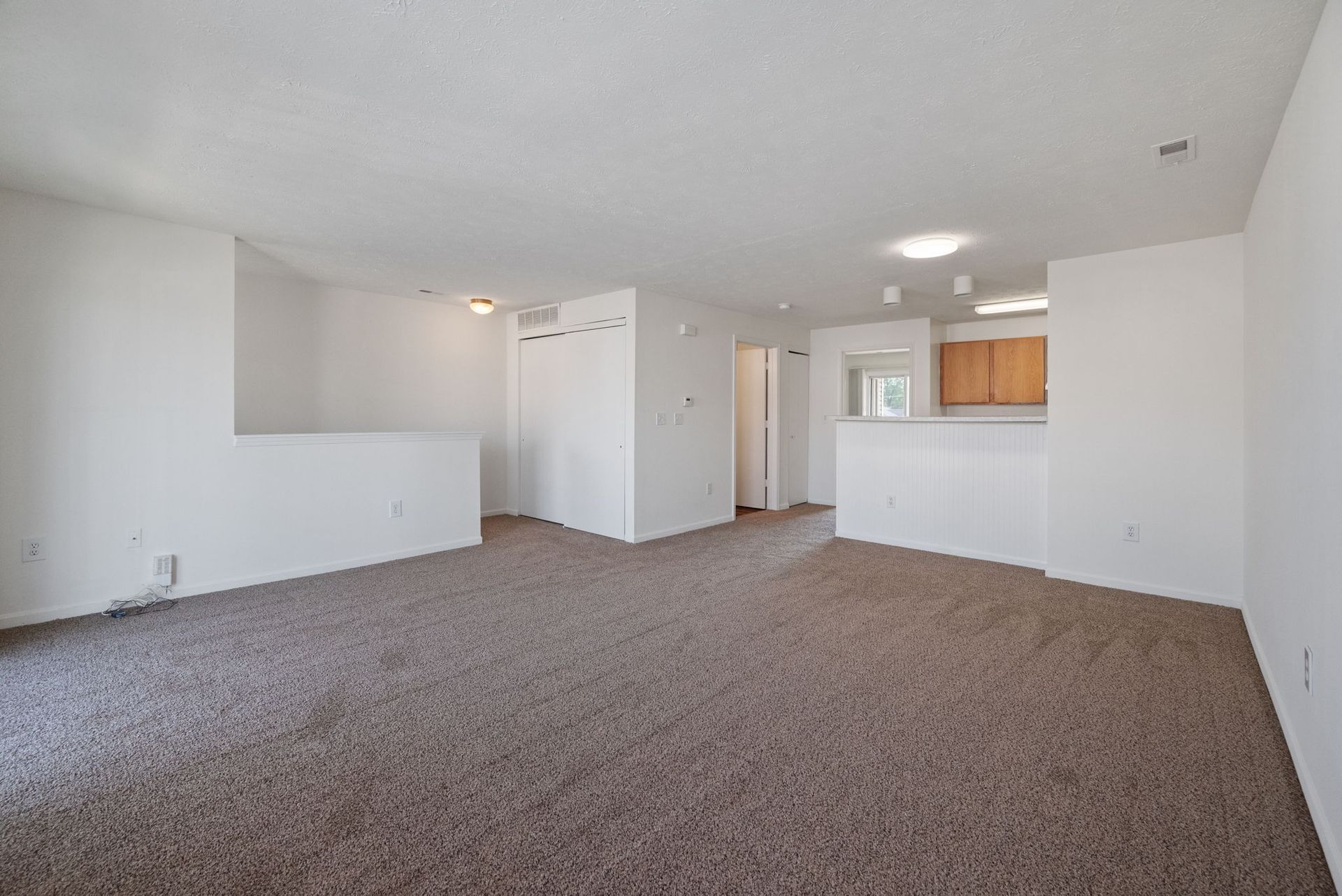 An empty living room with a brown carpet and white walls.