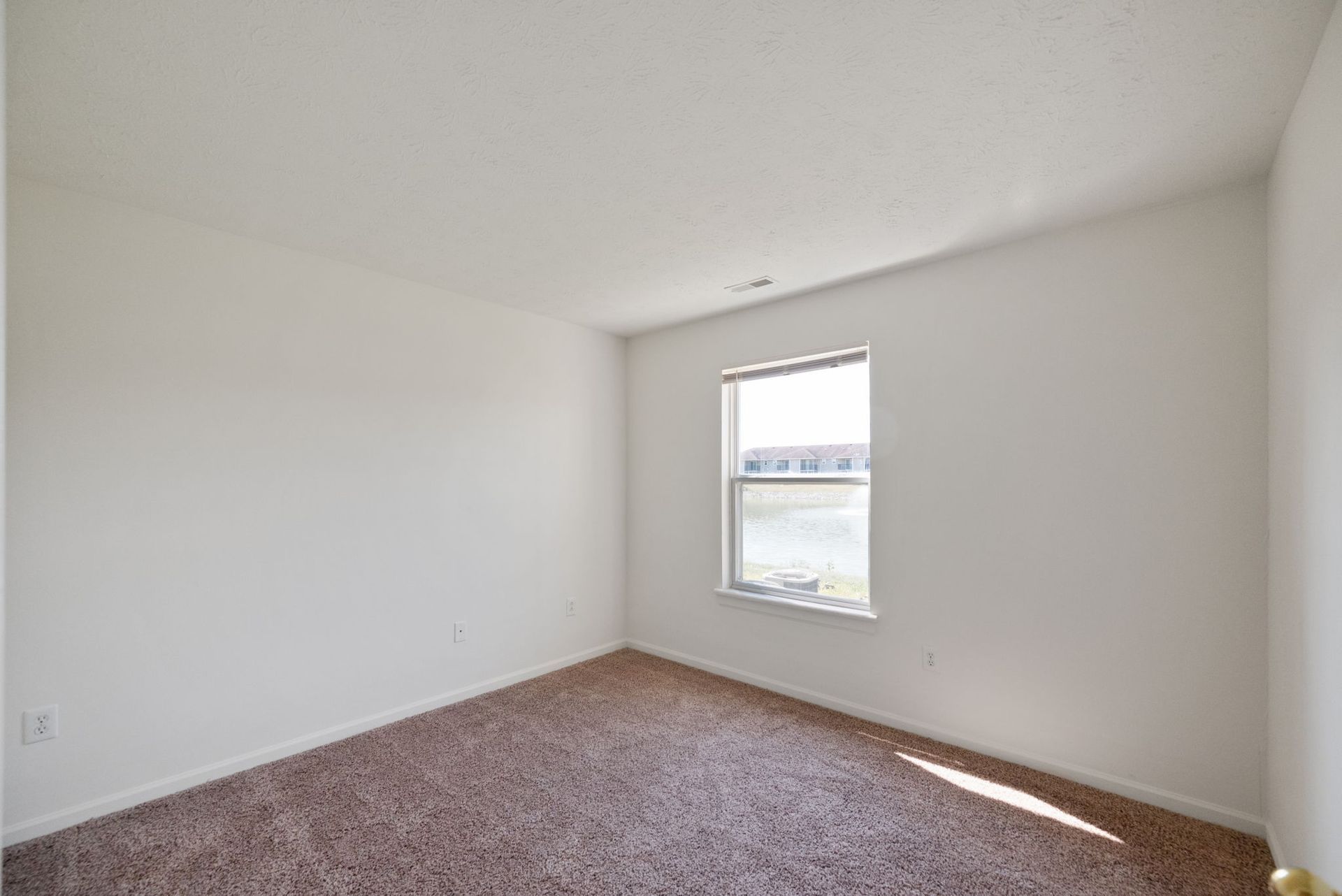 An empty bedroom with a window and carpet.