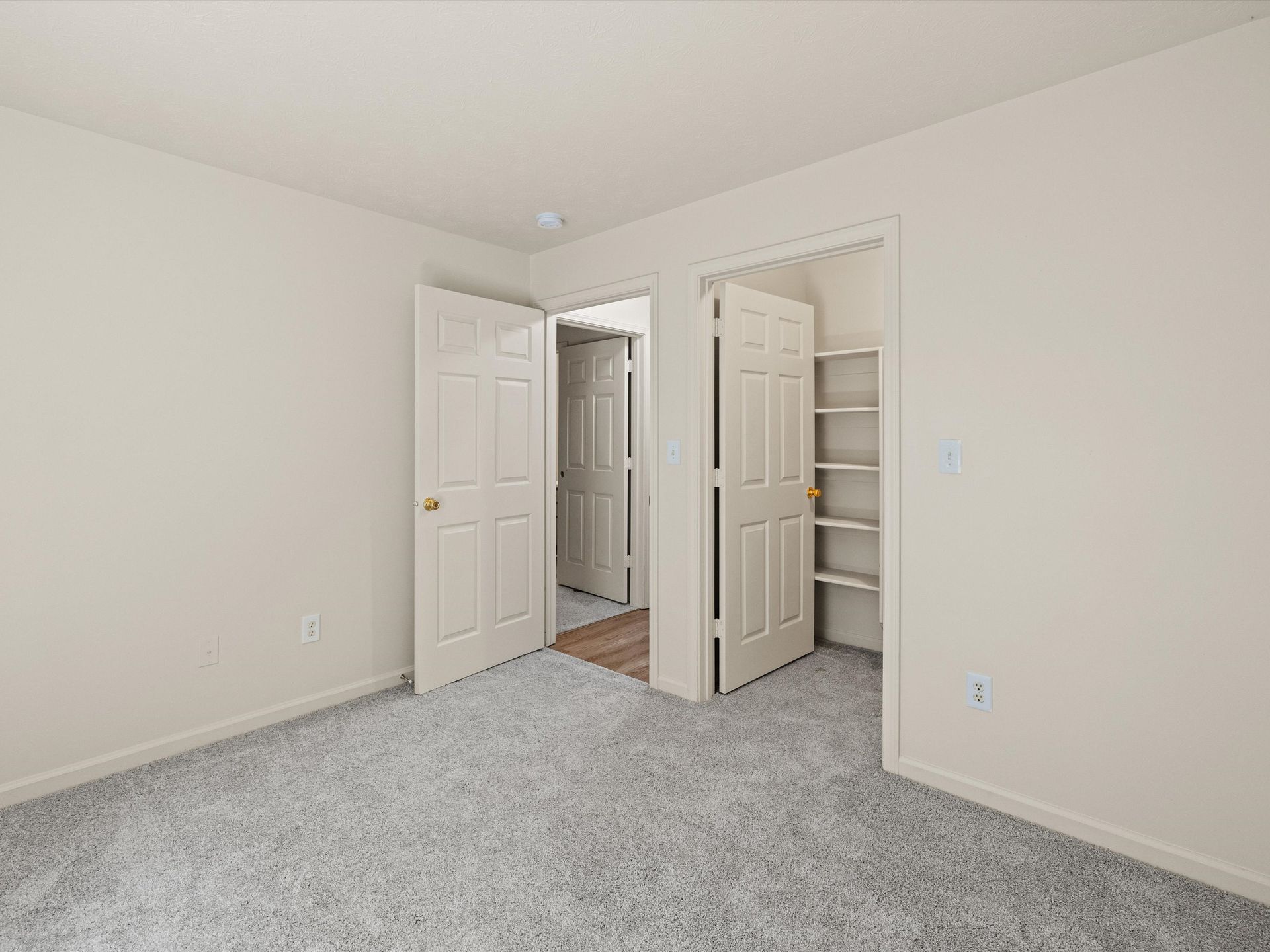 An empty bedroom with a closet and a walk in closet.