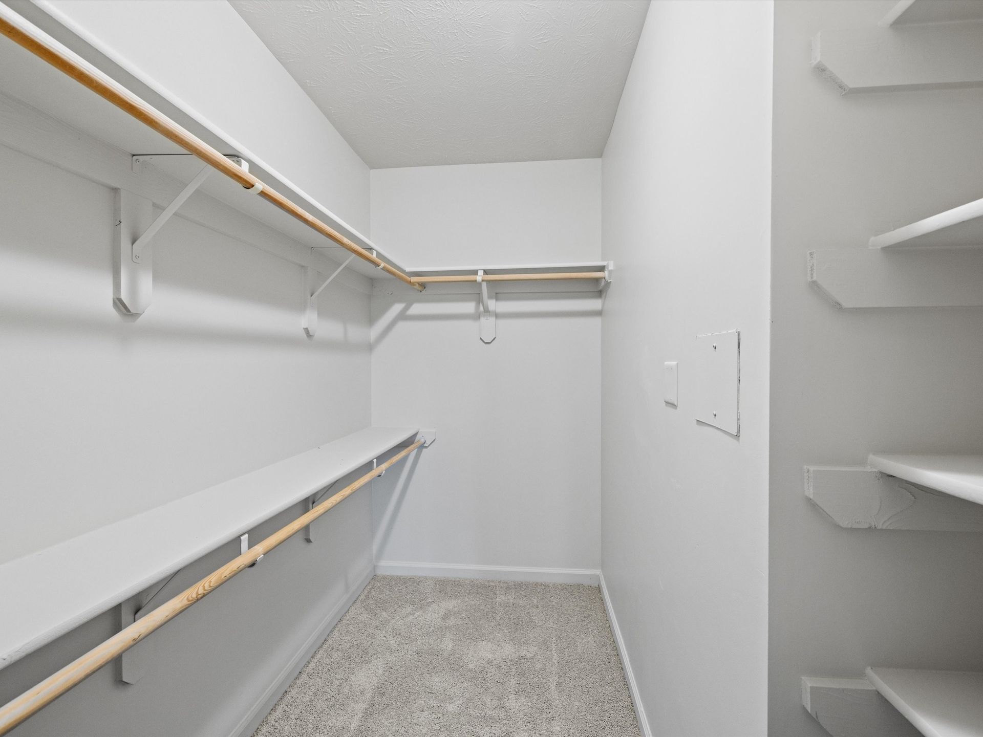 An empty walk in closet with white shelves and a carpeted floor.