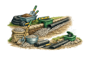 Construction tools and materials for roadwork, including a wheelbarrow, shovel, pipes, and crushed stone
