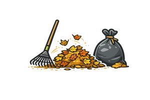 Rake beside a pile of autumn leaves and a tied black yard waste bag