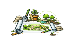 Gardening tools, potted plant, and green seedlings arranged in a landscaped garden scene