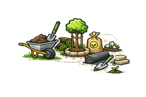 Garden tools beside a wheelbarrow, shovel, rolled hose, tree sapling, and compost bags