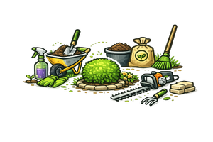 Garden tools and supplies beside a large green plant or compost mound on white background