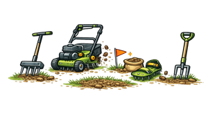 Garden tools, lawn mower, compost, and soil on white background