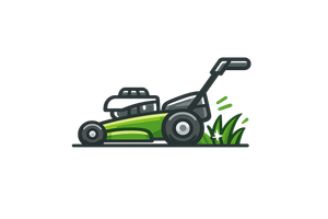 Green push lawn mower cutting grass, with clippings flying near the blade.