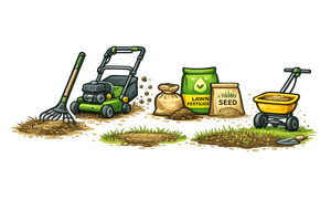 Gardening tools, lawn mower, and seed bags on grass, with a rake and hose reel.