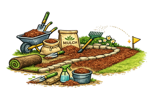 Gardening tools, mulch, and seedlings arranged around a curved garden bed under construction