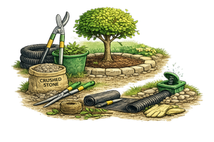 Gardening tools and a small tree growing in a landscaped garden with soil and stones