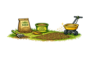 Gardening tools beside a seed bag, lawn fertilizer tub, and spreader on soil.
