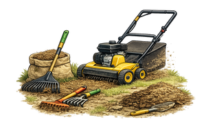 Lawn mower, rake, and garden tools beside a pile of cut grass on white background