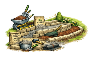 Stone planter wall under construction with tools, wheelbarrow, milk crate, and stacked blocks outdoors