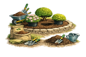 Gardening tools, soil, and potted plants arranged around a stone-edged garden bed under shrubs
