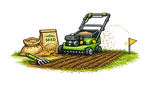 Green lawn mower tilling soil beside seed sacks and a pitchfork in a garden plot