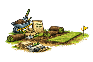 Gardening tools, seed bag, and rolled turf on a patch of lawn with a small yellow flag.
