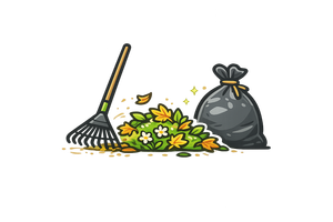 Garden rake beside a pile of leaves and a black trash bag on a white background