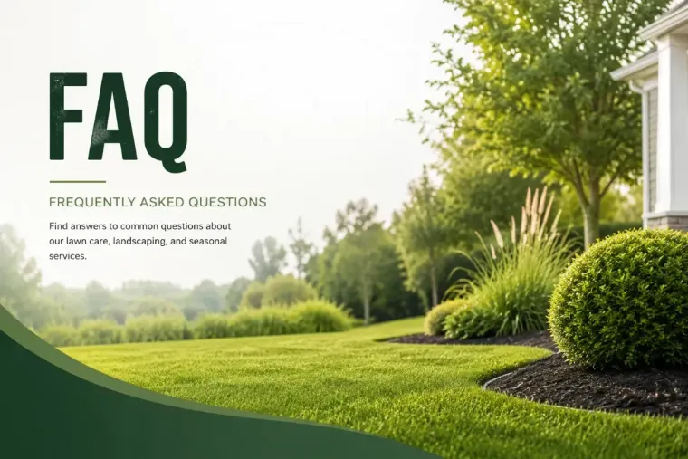FAQ page with a lawn and garden landscape, green trees, and a house exterior on the right