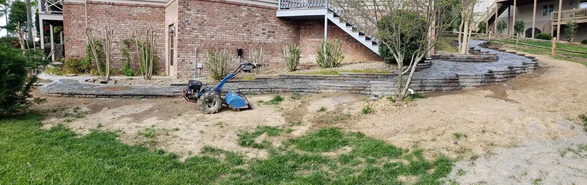 Backyard garden bed with black plastic edging, shrubs, a blue wheelbarrow, and a brick house in the background