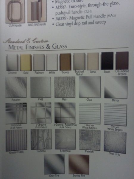A sheet of paper that says metal finishes and glass