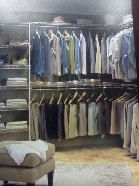 A picture of a closet with clothes hanging on racks