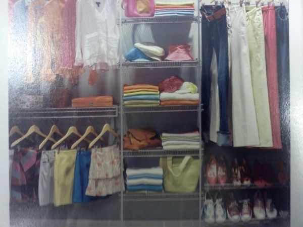 A picture of a closet filled with clothes and shoes.