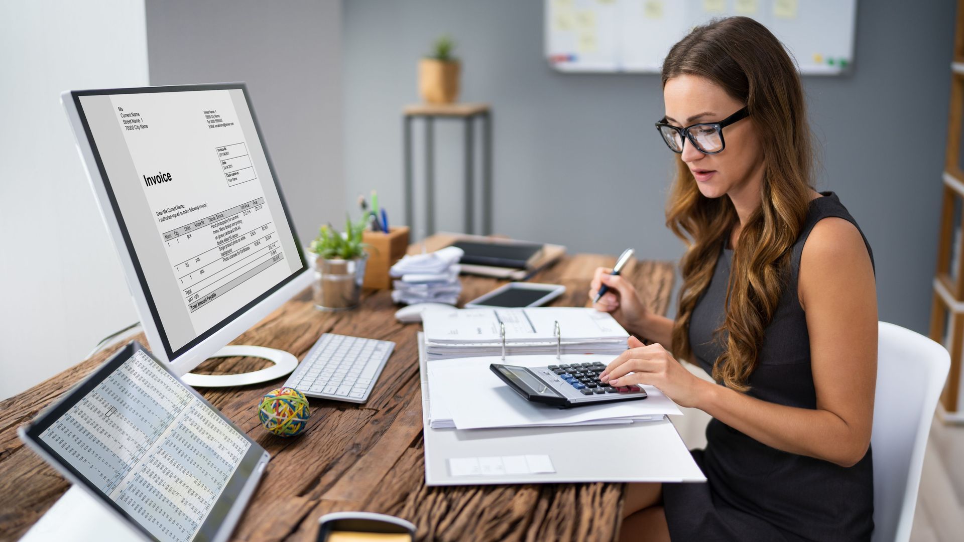 Woman working at a desk with a computer, papers, and calculator in a bright office