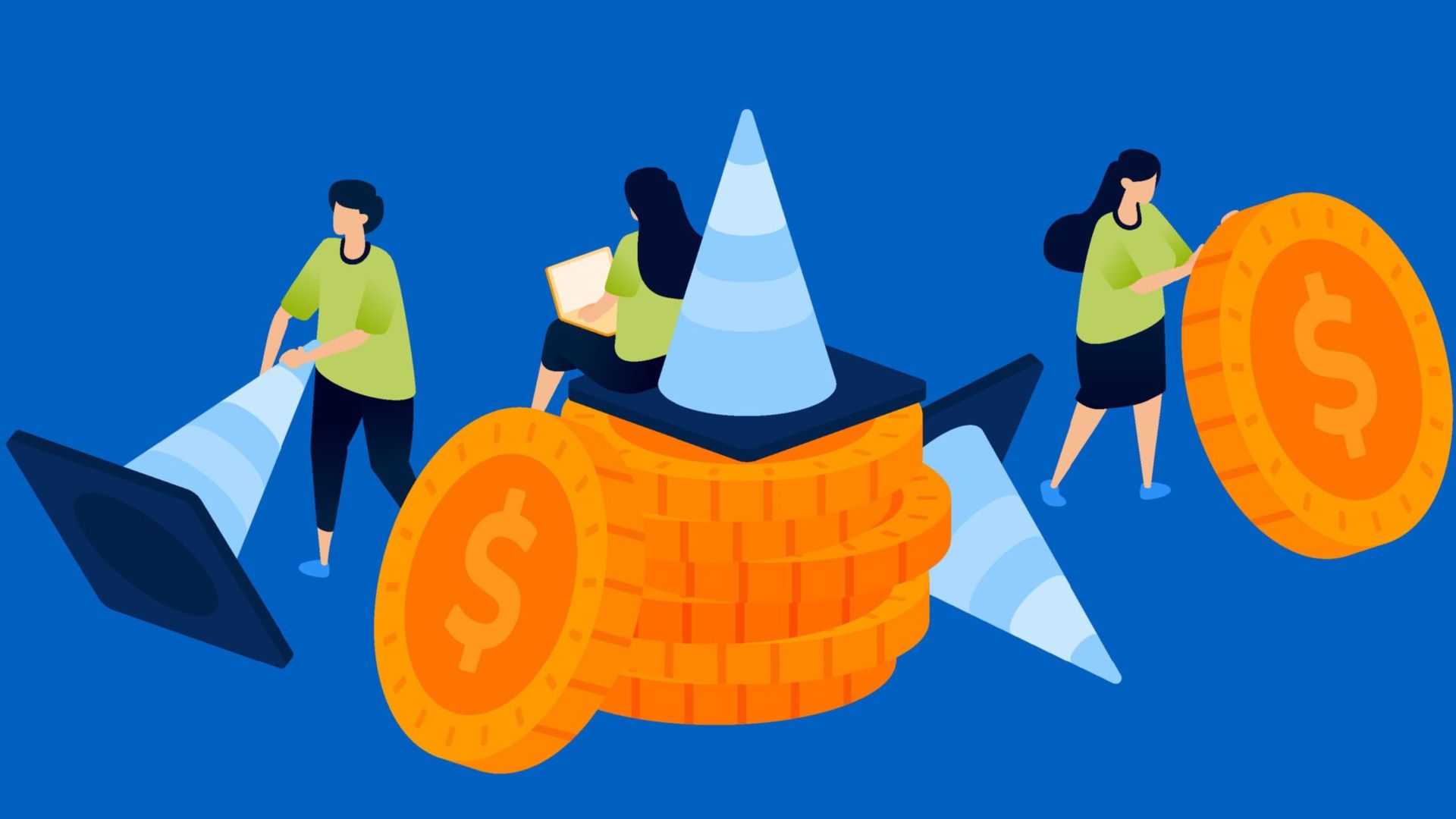 People standing beside large orange coins and blue business cones on a blue background