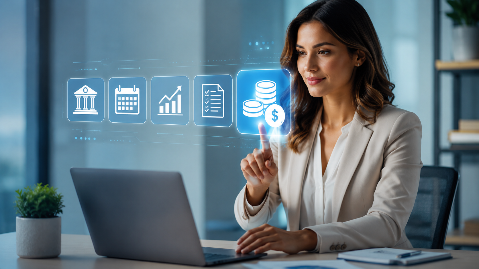 Woman in a white blazer using a laptop, selecting glowing finance icons on a digital interface.
