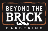 A logo for beyond the brick barbering with a mustache