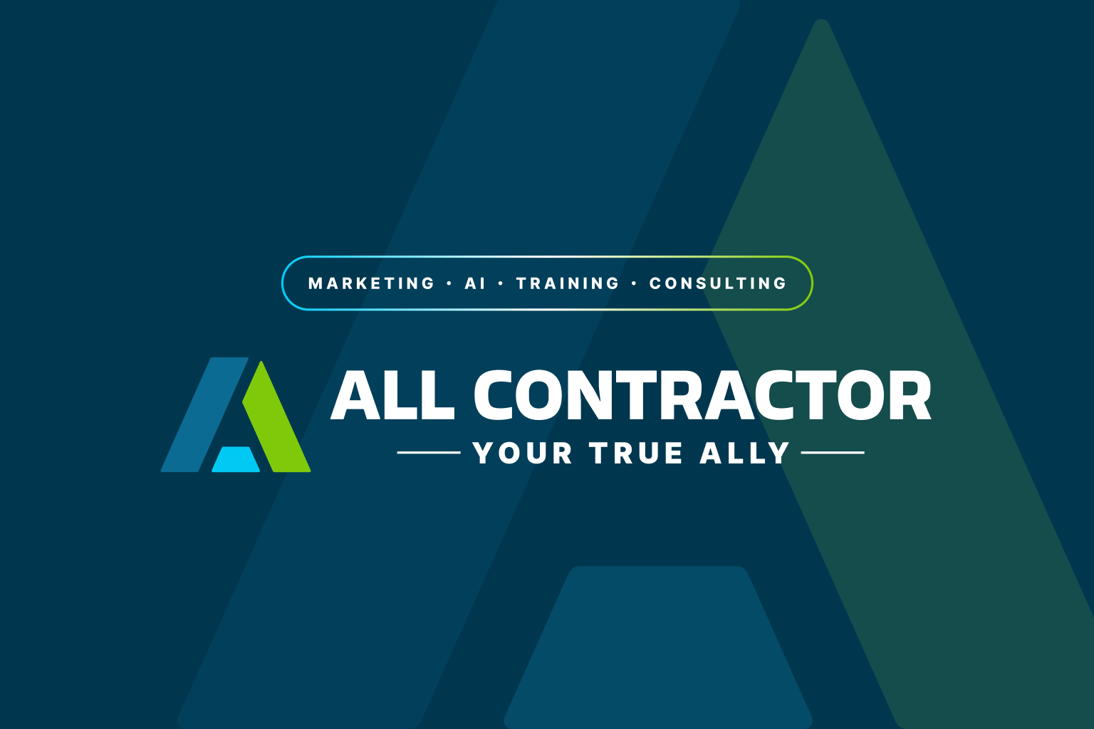 Abstract logo with blue, green, and cyan geometric shapes forming an angular “A” mark