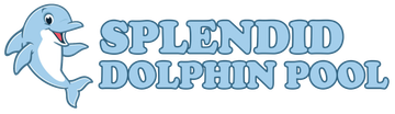 Blue dolphin logo with the words &ldquo;Splendid Dolphin Pool&rdquo; in blue text