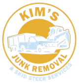 Kim&rsquo;s Junk Removal & Skid Steer Services logo with truck and skid steer in gold and white
