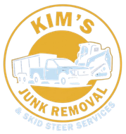 Kim’s Junk Removal & Skid Steer Services logo with truck and skid steer in gold and white
