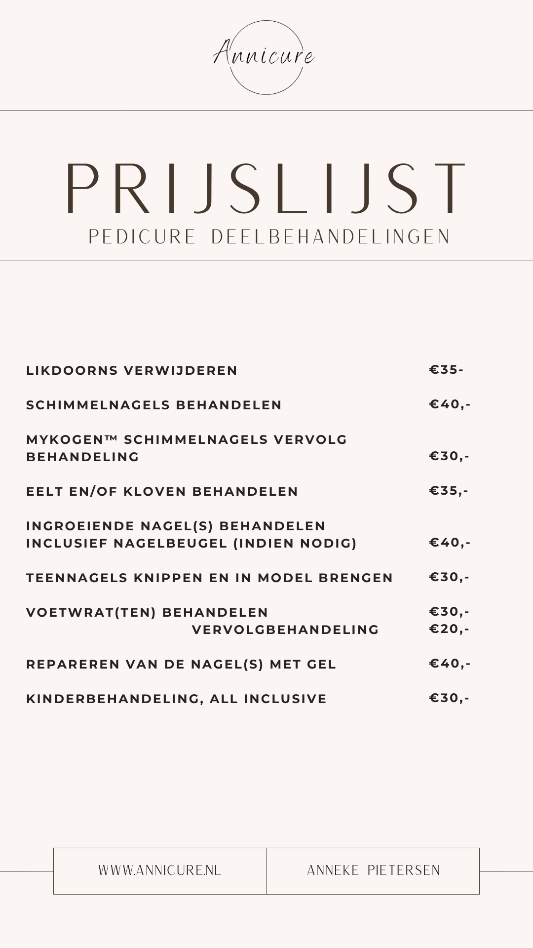 Prijslijst voor pedicurebehandelingen in het Nederlands.