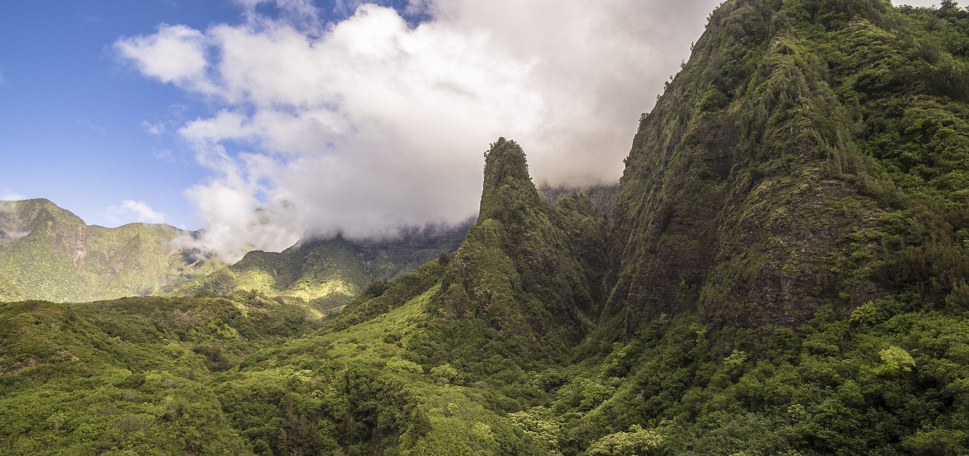 A mountain covered in trees with a cloudy sky in the background.