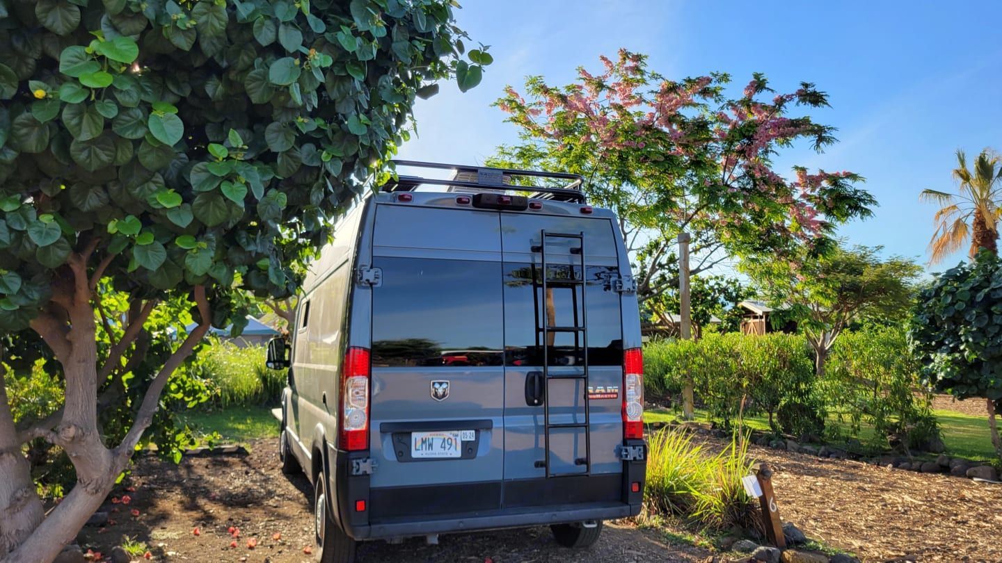 Rear view of parked Sprinter van beneath tropical trees, available for rental by Mana Vans in Wailua, Maui, HI.