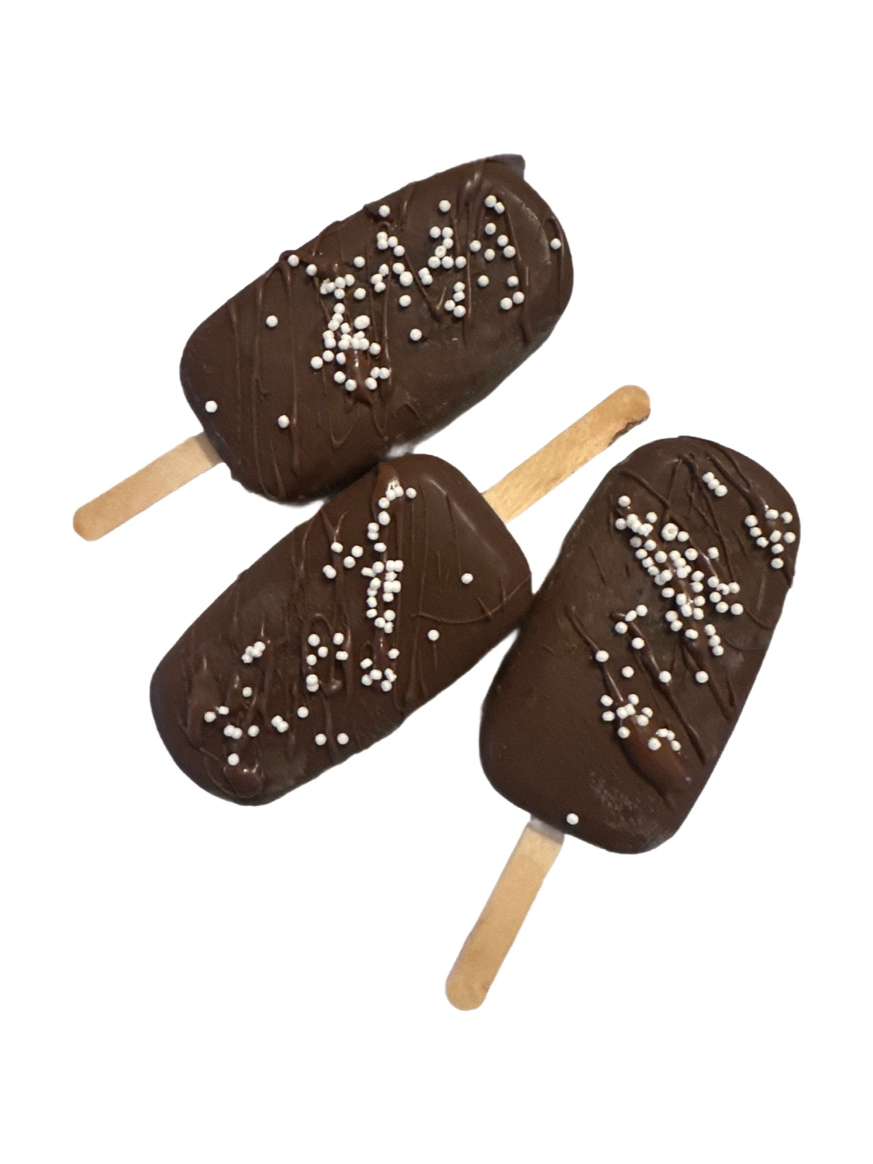 Three chocolate covered popsicles with sprinkles on a white background