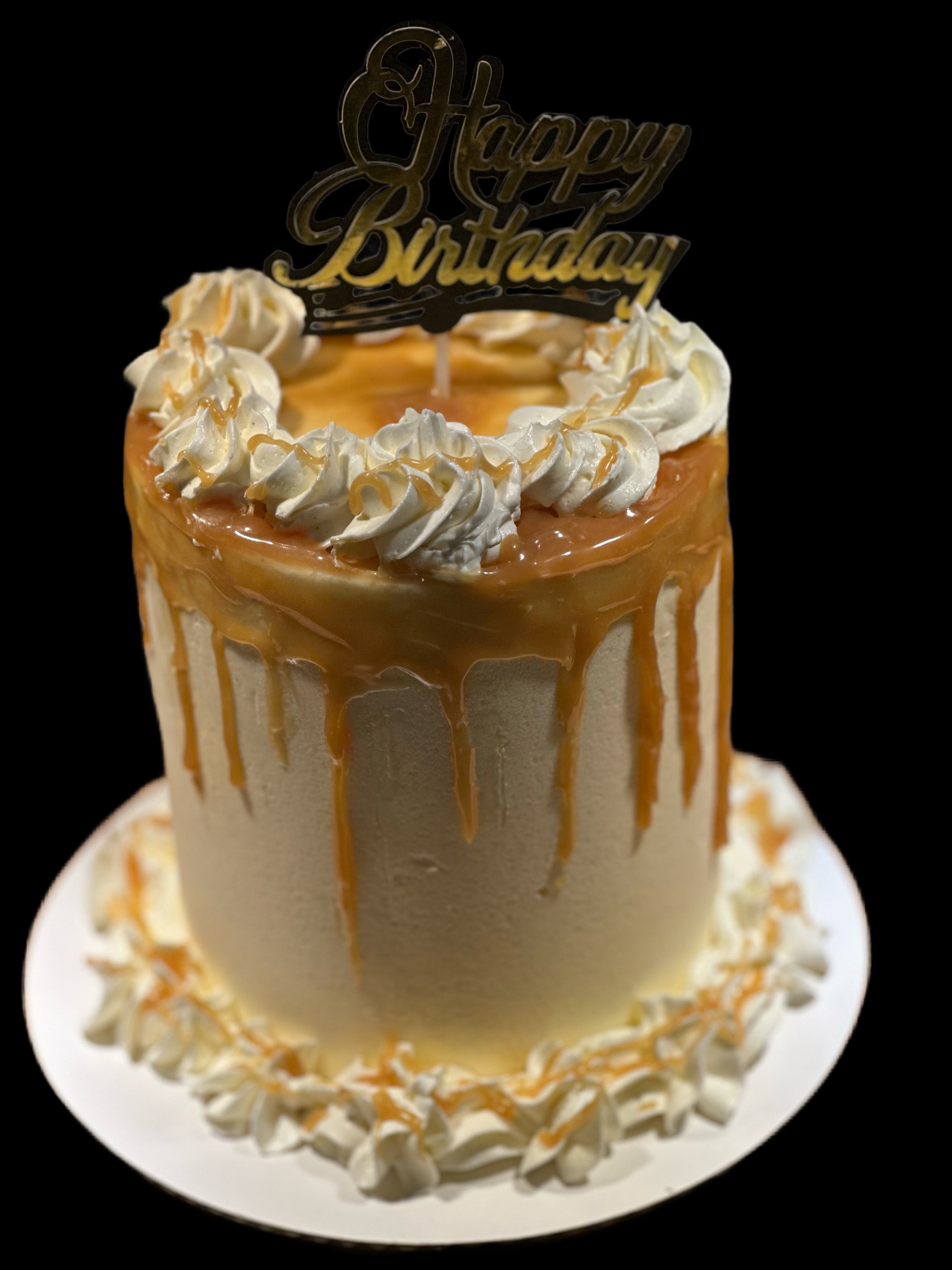 A birthday cake with a happy birthday topper on top of it.