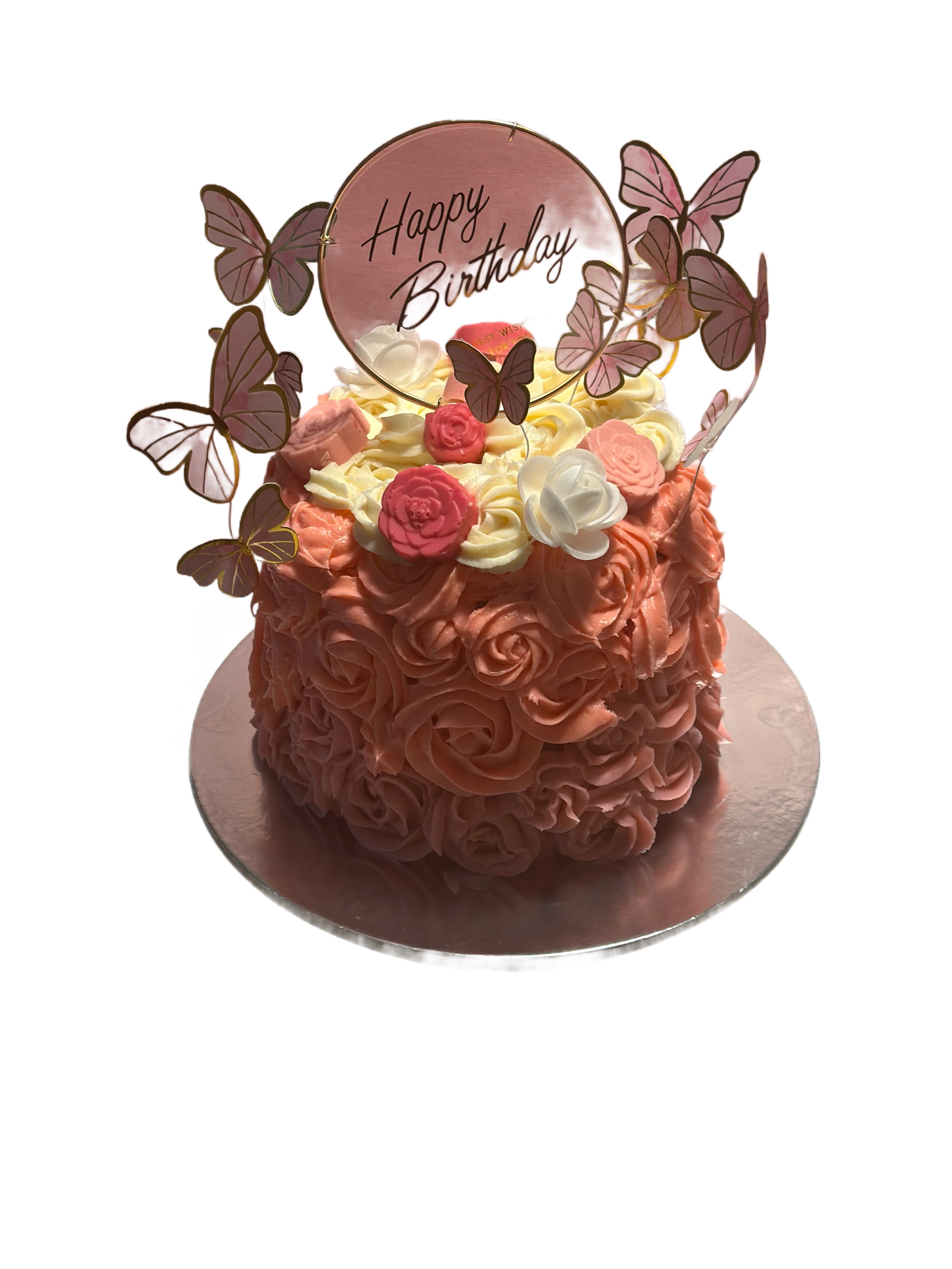 A birthday cake with butterflies and flowers on top of it.