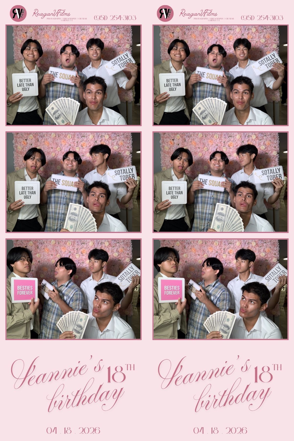 A photo booth strip titled