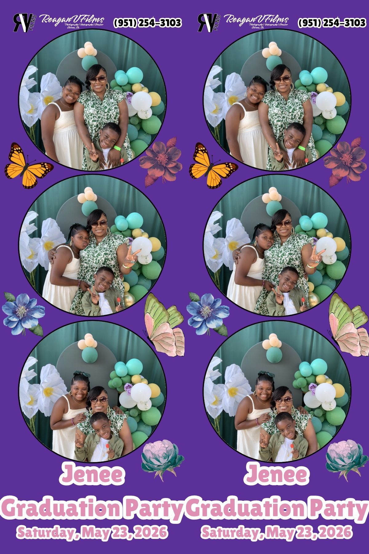A photo booth strip showing a group of people posing together at a 