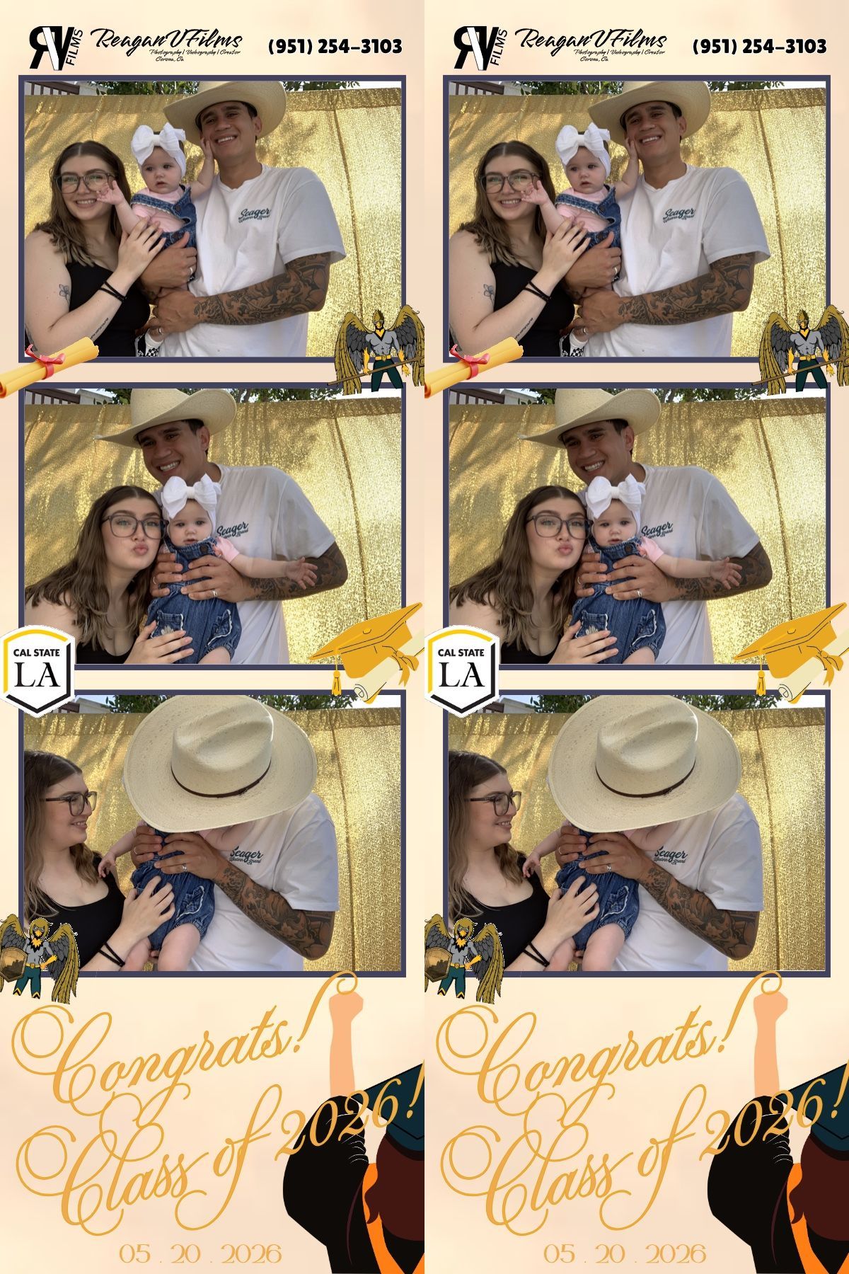 Group of friends posing closely together at a party backdrop, making playful faces and peace signs