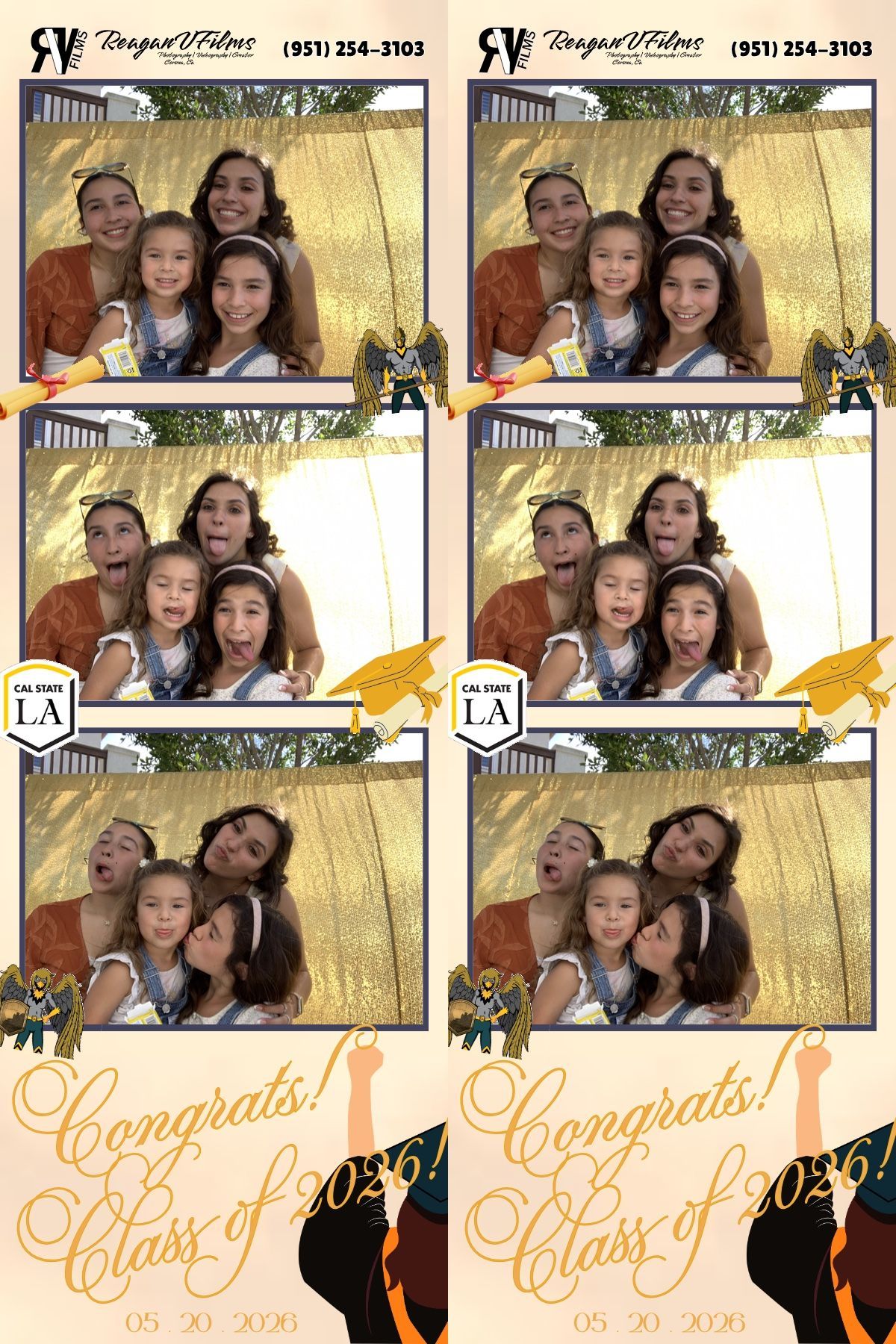 Group of friends posing closely together at a party backdrop, making playful faces and peace signs