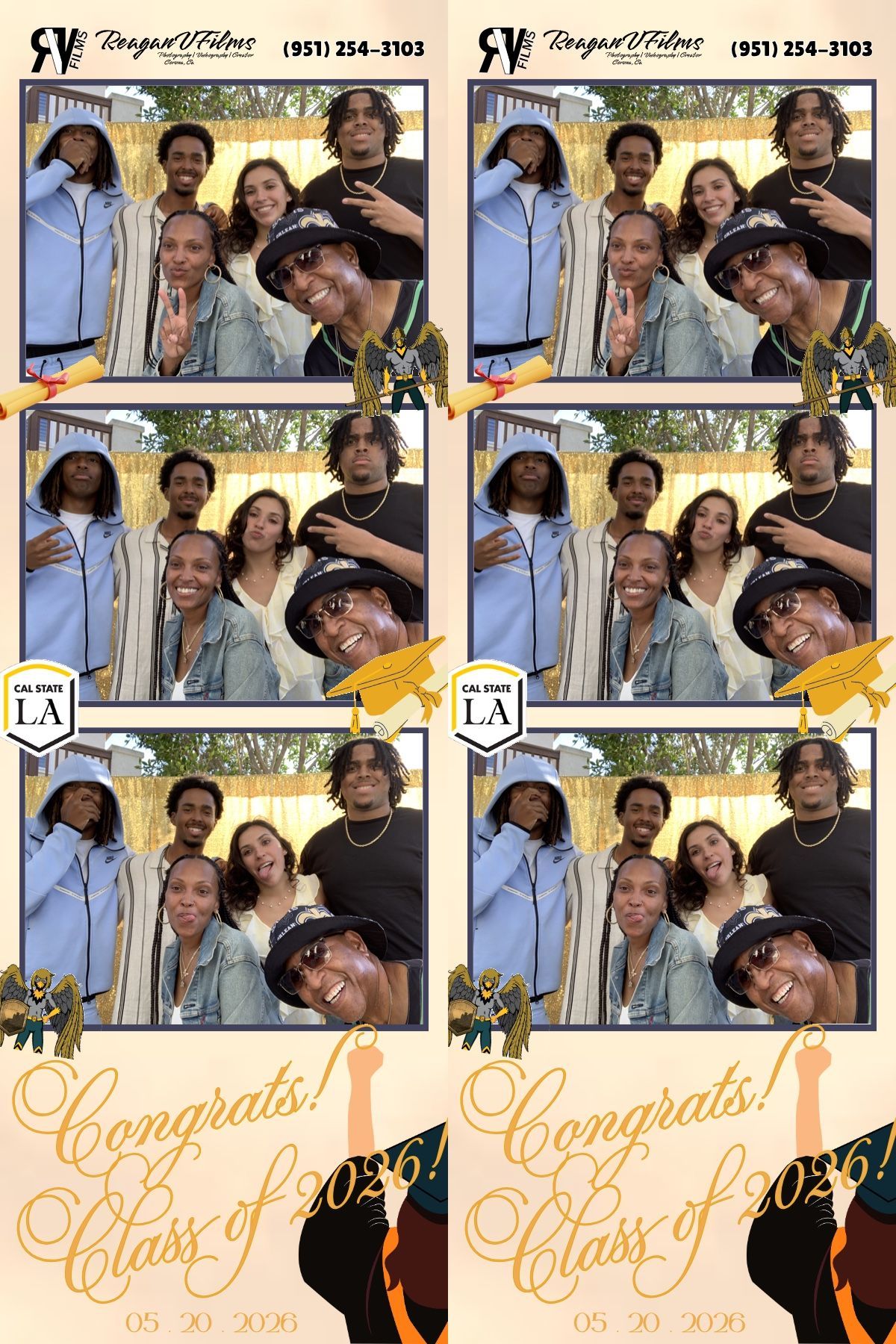 Group of friends posing closely together at a party backdrop, making playful faces and peace signs