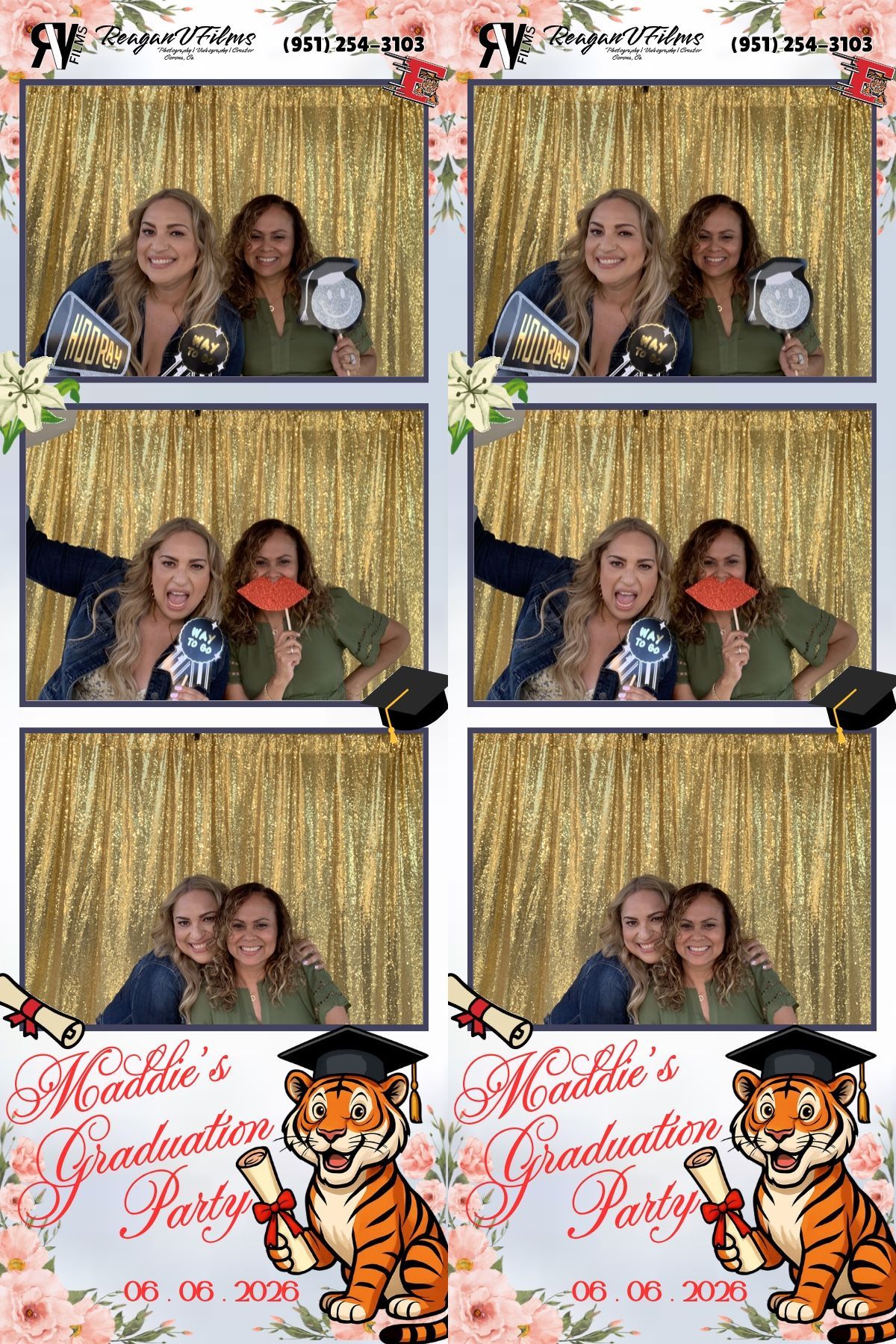 Group of friends posing closely together at a party backdrop, making playful faces and peace signs