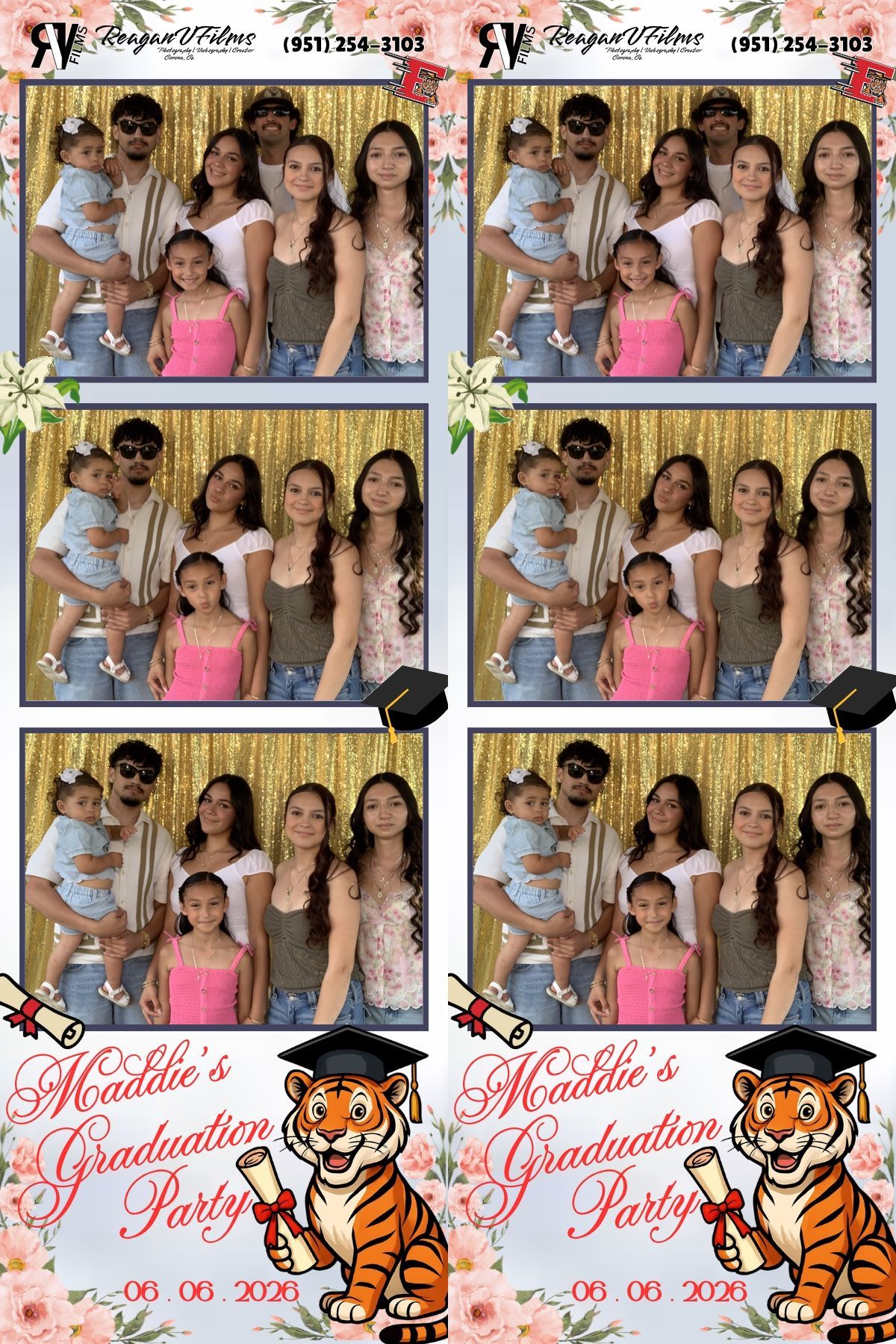 Group of friends posing closely together at a party backdrop, making playful faces and peace signs